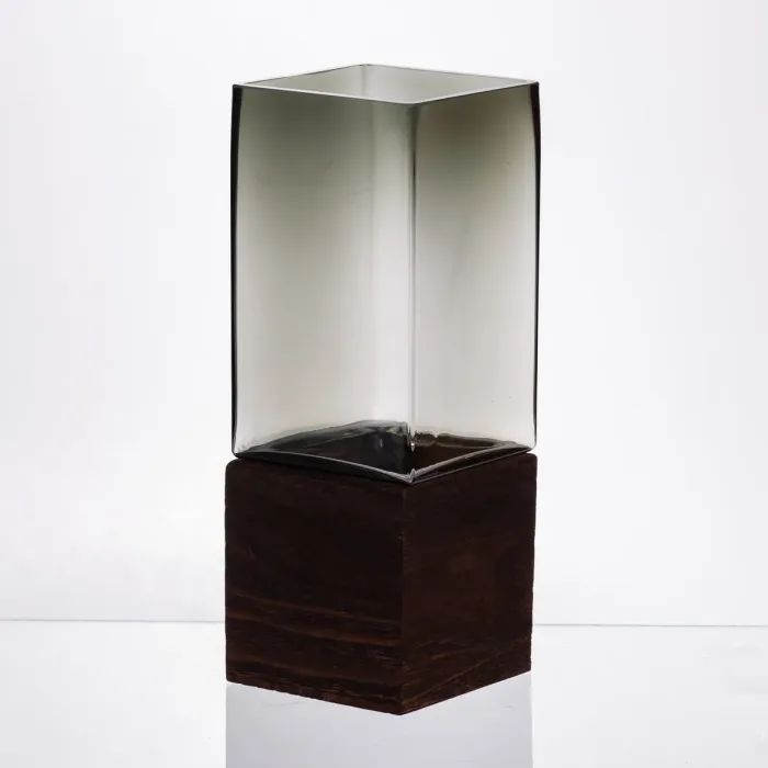 Скляна декоративна ваза квадратна, стильна ваза скло з деревом для квітів прозора HP-32-8 (HP-32-8) - зображення 1