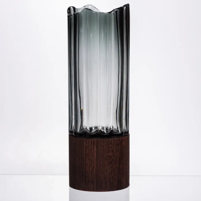 Скляна декоративна ваза циліндр, стильна ваза скло з деревом для квітів прозора HP-32-4 (HP-32-4) - зображення 1