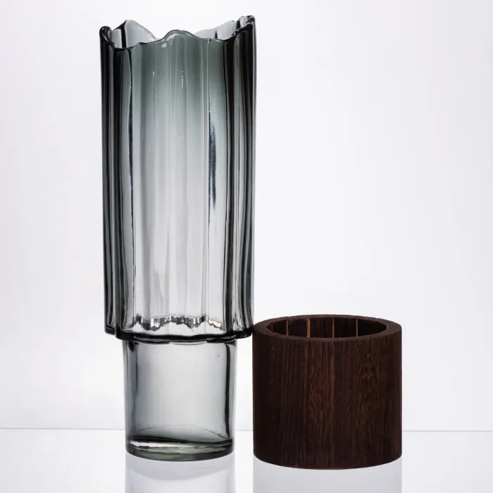 Скляна декоративна ваза циліндр, стильна ваза скло з деревом для квітів прозора HP-32-4 (HP-32-4) - зображення 2