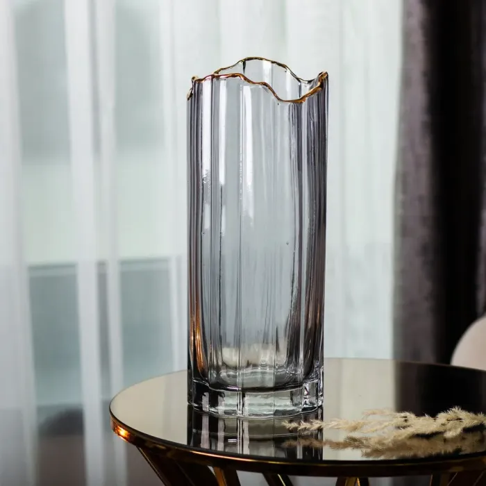 Скляна ваза для квітів, декоративна, сіра із золотою окантовкою, 30 см. (HP-1717) - зображення 4