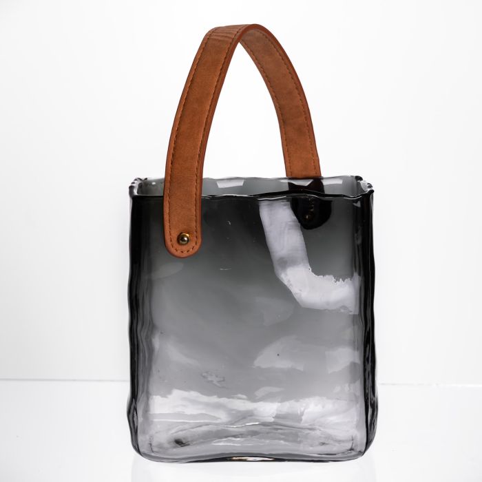 Скляна ваза сумочка з ручкою 16×8×18.5 (см) декоративна Сірий HP-19-156-2 (HP-19-156-2) - изображение 1
