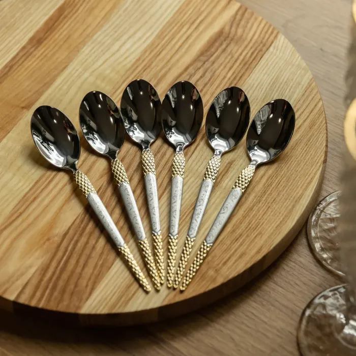 Набір столових ложок 6 штук з нержавіючої сталі ложки столові 21 см Срібло з золотом (HP-20-37) - изображение 4