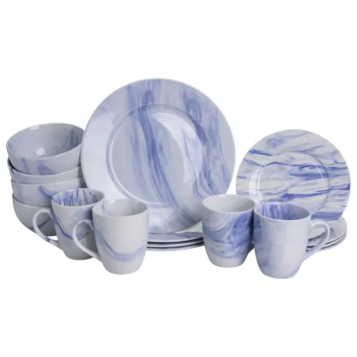 Столовий набір посуду тарілок і чашок 16 предметів на 4 особи Marble Clara порцеляновий Синій MD-16-3B (MD-16-3B) - зображення 1