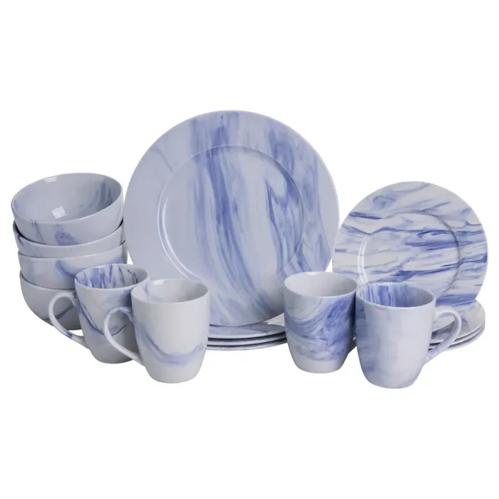 Столовий набір посуду тарілок і чашок 16 предметів на 4 особи Marble Clara порцеляновий Синій MD-16-3B (MD-16-3B) - зображення 7