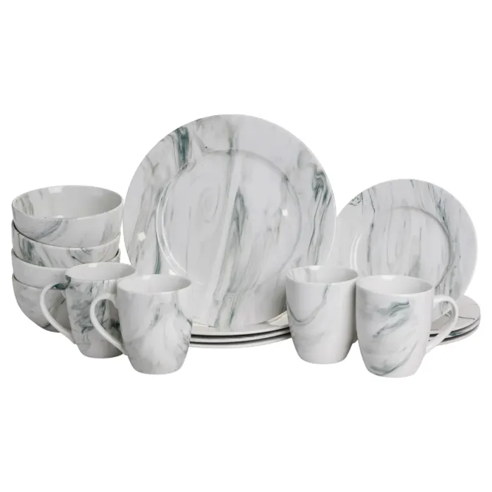 Столовий набір посуду тарілок і чашок 16 предметів на 4 персони Marmor порцеляновий, обідній столовий сервіз тарілок MD-16-2G (MD-16-2G) - зображення 1