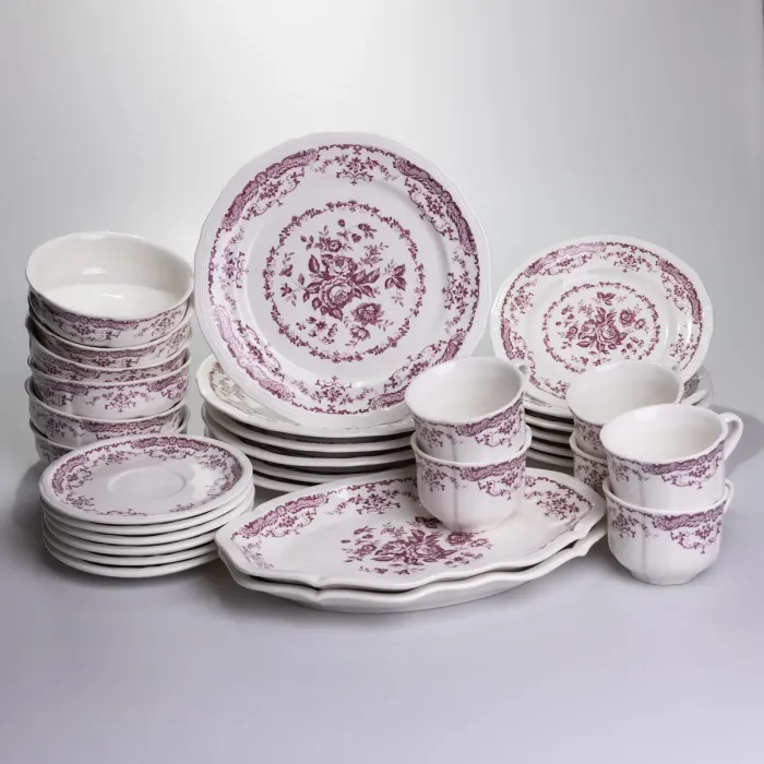 Столовий набір посуду тарілок і чашок 32 предмети на 6 персон «Бордовий Меандр» порцеляновий YY78-3A (YY78-3A) - зображення 1