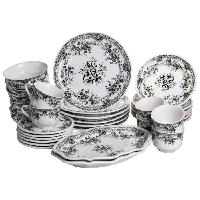 Столовий набір посуду 32 предмети на 6 осіб Vintage Elegant порцеляновий Чорний YY78-7A (YY78-7A) - зображення 1