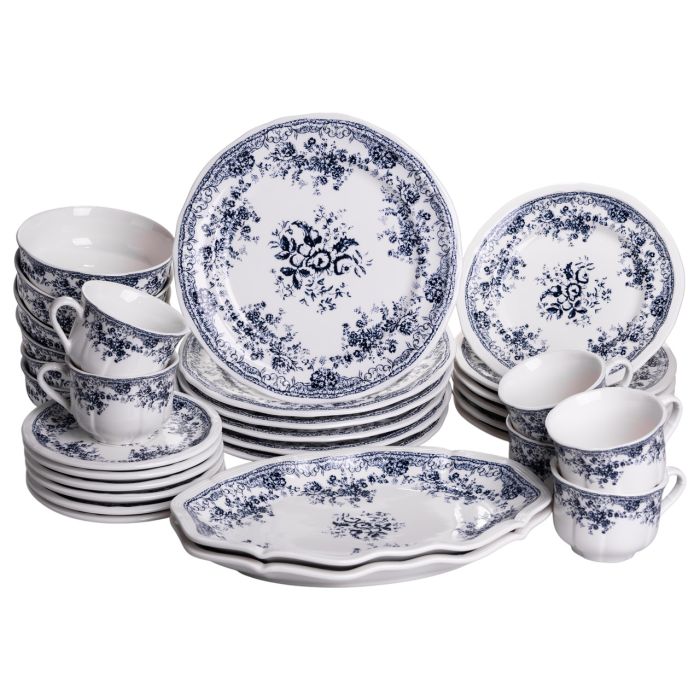 Столовий набір посуду тарілок і чашок 32 предмети на 6 персон Vintage Elegant порцеляновий, обідній столовий сервіз тарілок Синій YY78-6A (YY78-6A) - изображение 1