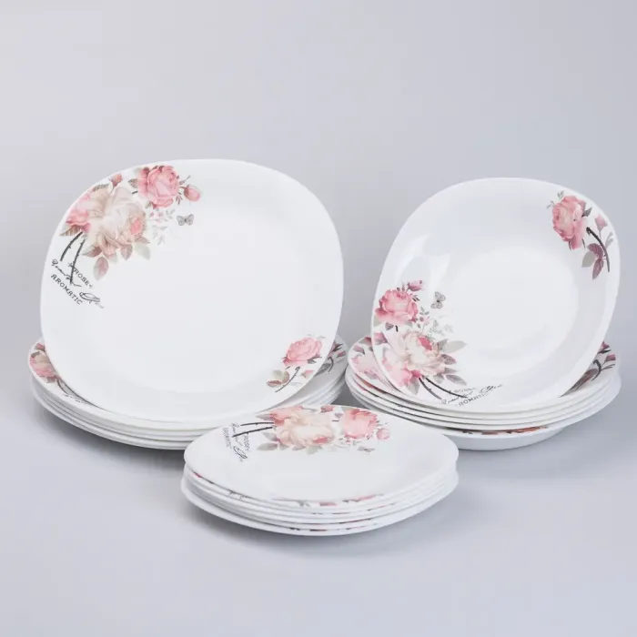 Столовий керамічний сервіз на 6 персон 18 квадратних тарілок білий з квітами (HP-7-714) - зображення 6