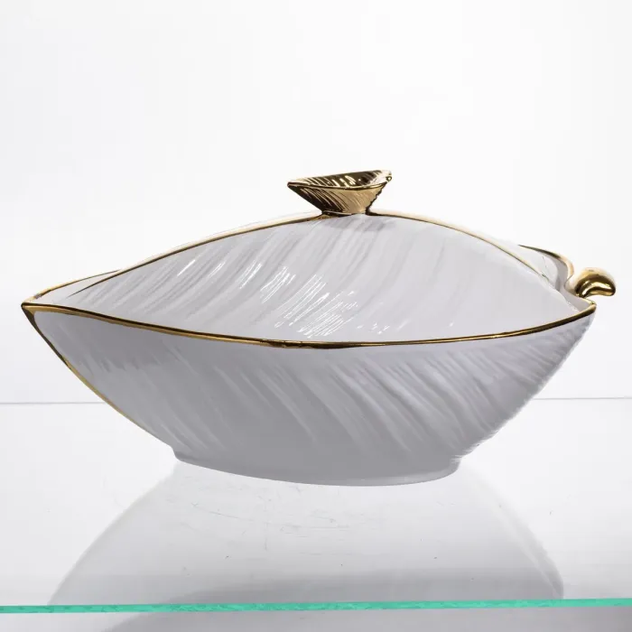 Супниця 800 (мл) порцелянова 32×21×16 (см) з кришкою Біла з золотом XL-4054AG (XL-4054AG) - зображення 3