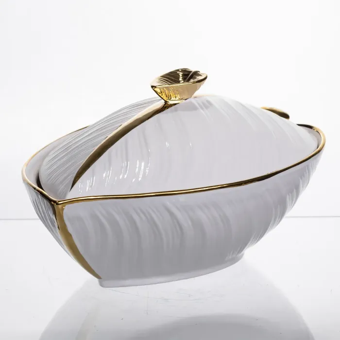Супниця 800 (мл) порцелянова 32×21×16 (см) з кришкою Біла з золотом XL-4054AG (XL-4054AG) - зображення 4