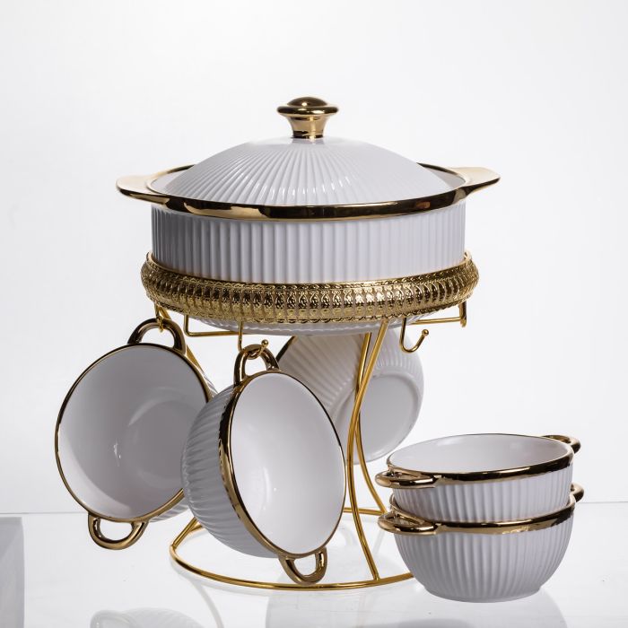 Суповий сервіз на 5 персон супниця 1.8 (л) на підставці з бульйонницями 300 (мл) тарілки для супу Білий із золотом ML151 (ML151) - зображення 3