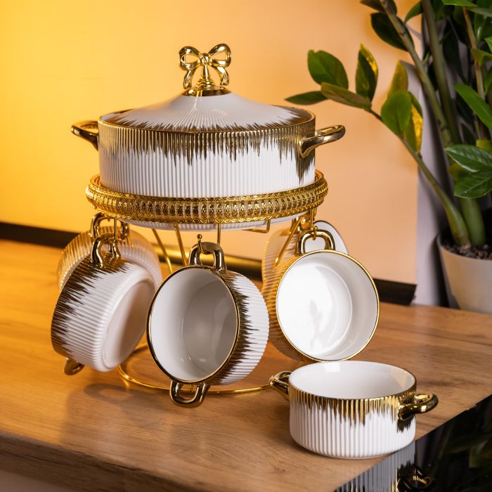 Суповий сервіз на 6 персон супниця 2 (л) на підставці з бульйонницями 400 (мл) тарілки для супу Білий із золотом FM-A23-2 (FM-A23-2) - изображение 1