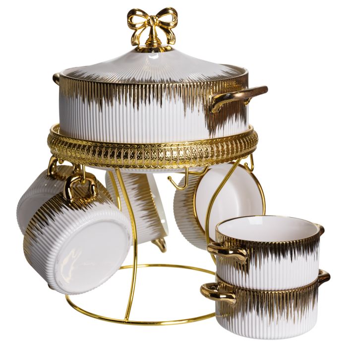Суповий сервіз на 6 персон супниця 2 (л) на підставці з бульйонницями 400 (мл) тарілки для супу Білий із золотом FM-A23-2 (FM-A23-2) - изображение 2