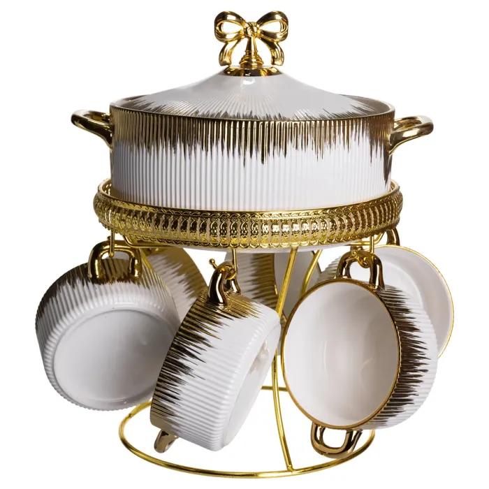 Суповий сервіз на 6 персон супниця 2 (л) на підставці з бульйонницями 400 (мл) тарілки для супу Білий із золотом FM-A23-2 (FM-A23-2) - зображення 3
