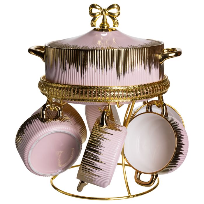 Суповий сервіз на 6 персон супниця 2 (л) на підставці з бульйонницями 400 (мл) тарілки для супу Рожевий з золотом FM-A23-5 (FM-A23-5) - изображение 2