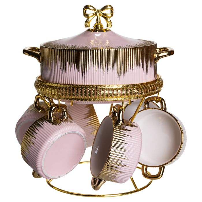 Суповий сервіз на 6 персон супниця 2 (л) на підставці з бульйонницями 400 (мл) тарілки для супу Рожевий з золотом FM-A23-5 (FM-A23-5) - изображение 3