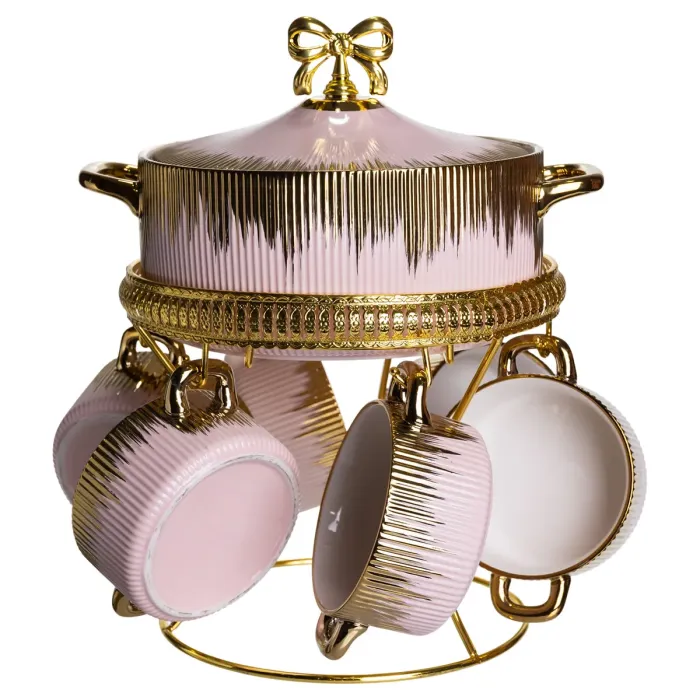 Суповий сервіз на 6 персон супниця 2 (л) на підставці з бульйонницями 400 (мл) тарілки для супу Рожевий з золотом FM-A23-5 (FM-A23-5) - зображення 3