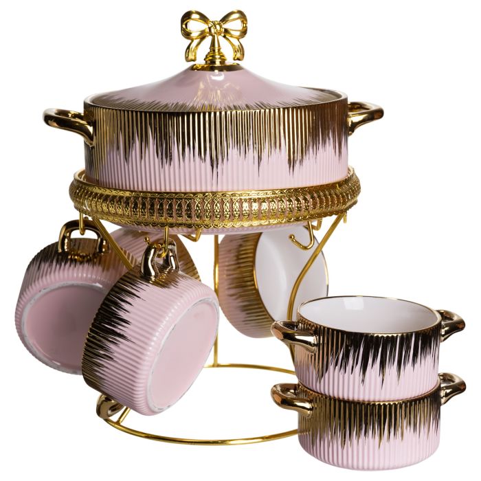 Суповий сервіз на 6 персон супниця 2 (л) на підставці з бульйонницями 400 (мл) тарілки для супу Рожевий з золотом FM-A23-5 (FM-A23-5) - изображение 4