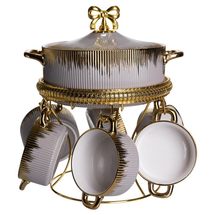 Суповий сервіз на 6 персон супниця 2 (л) на підставці з бульйонницями 400 (мл) тарілки для супу Сірий з золотом FM-A23-6 (FM-A23-6) - изображение 2