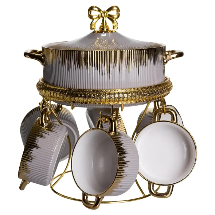 Суповий сервіз на 6 персон супниця 2 (л) на підставці з бульйонницями 400 (мл) тарілки для супу Сірий з золотом FM-A23-6 (FM-A23-6) - зображення 2