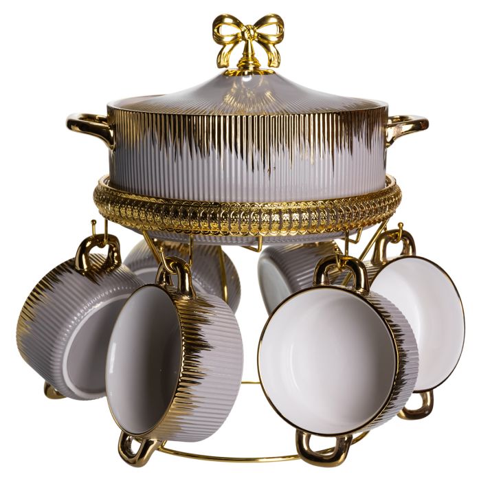 Суповий сервіз на 6 персон супниця 2 (л) на підставці з бульйонницями 400 (мл) тарілки для супу Сірий з золотом FM-A23-6 (FM-A23-6) - изображение 3
