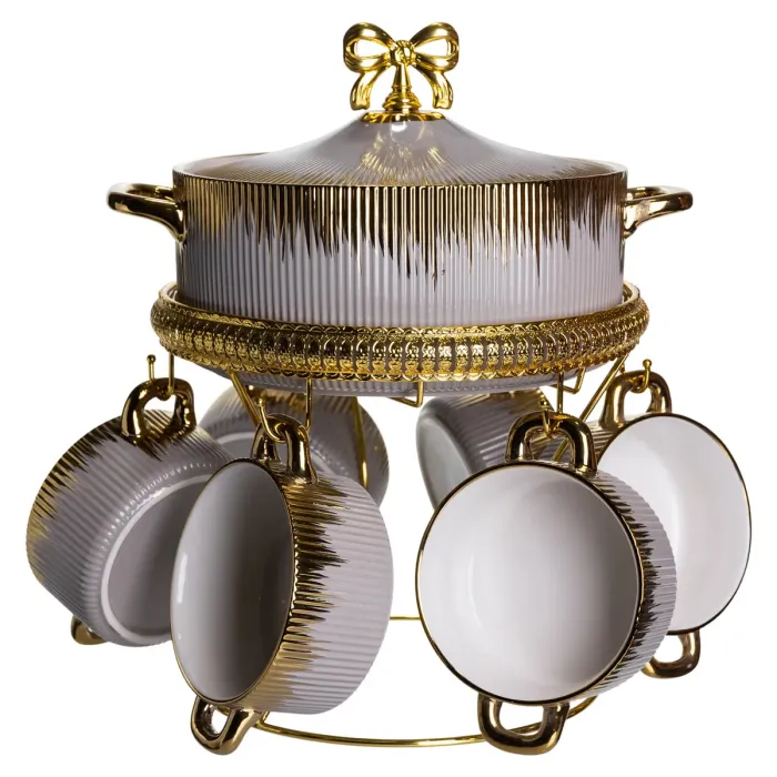 Суповий сервіз на 6 персон супниця 2 (л) на підставці з бульйонницями 400 (мл) тарілки для супу Сірий з золотом FM-A23-6 (FM-A23-6) - зображення 3