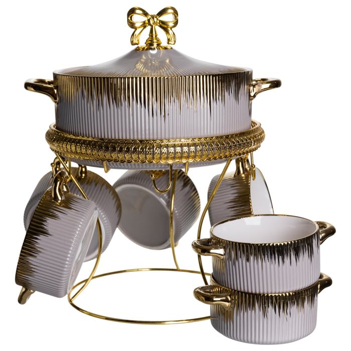 Суповий сервіз на 6 персон супниця 2 (л) на підставці з бульйонницями 400 (мл) тарілки для супу Сірий з золотом FM-A23-6 (FM-A23-6) - изображение 4