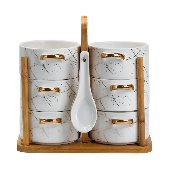 Суповий сервіз набір бульйонниць 6 штук по 300 мл з ложками на дерев'яній підставці тарілки для супу кераміка (HP1229) - зображення 2