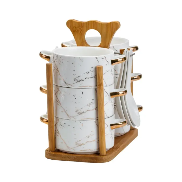 Суповий сервіз набір бульйонниць 6 штук по 300 мл з ложками на дерев'яній підставці тарілки для супу кераміка (HP1229) - зображення 3