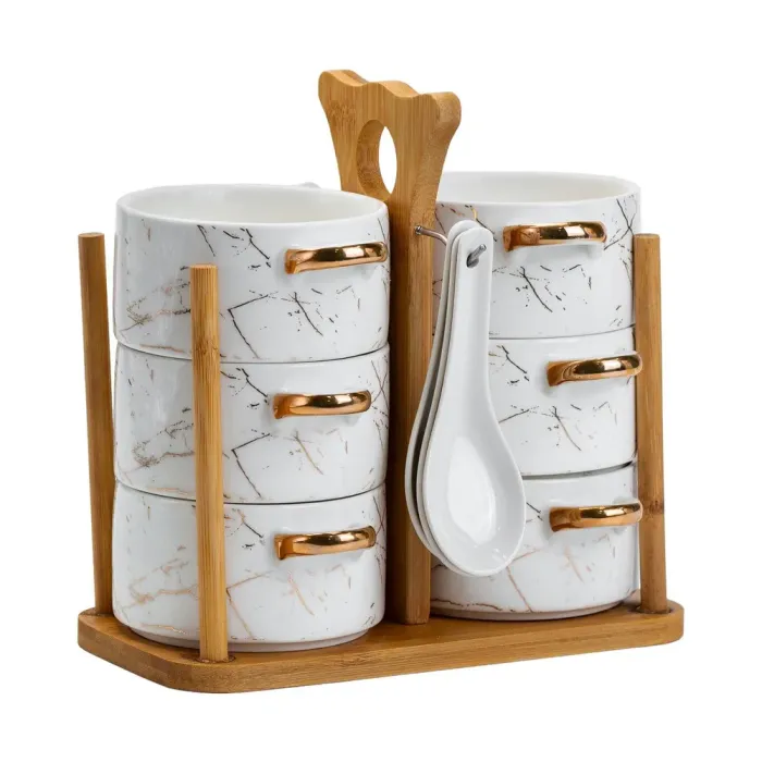 Суповий сервіз набір бульйонниць 6 штук по 300 мл з ложками на дерев'яній підставці тарілки для супу кераміка (HP1229) - зображення 6