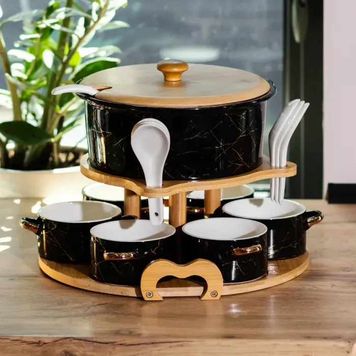 Суповий сервіз супниця 1.7 л піали бульйонниці 6 шт по 250 мл ложки та бамбукова підставка (HP1235) - зображення 1