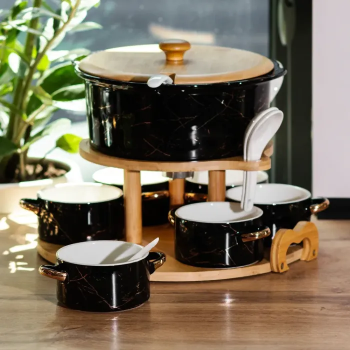 Суповий сервіз супниця 1.7 л піали бульйонниці 6 шт по 250 мл ложки та бамбукова підставка (HP1235) - зображення 4