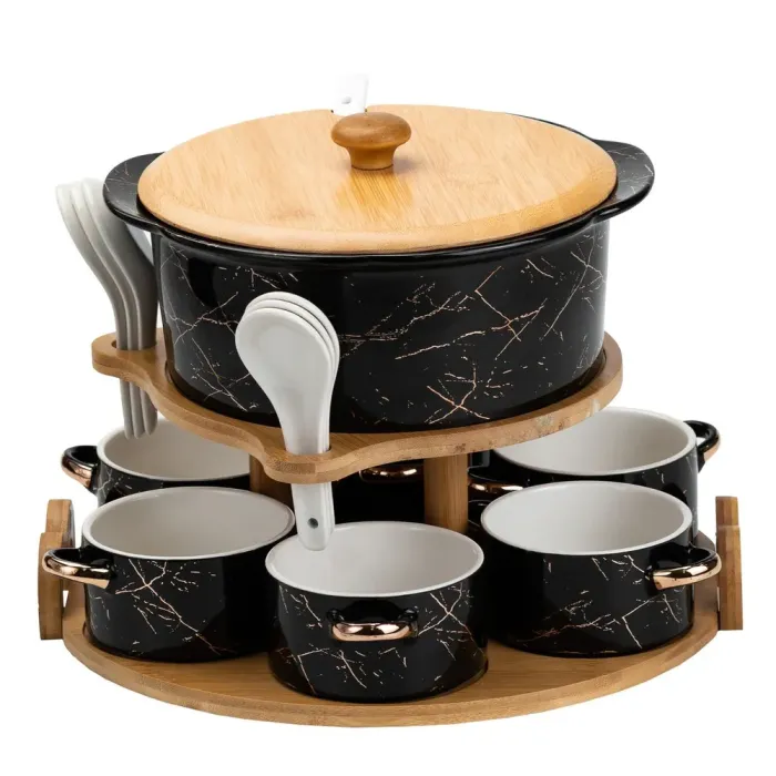 Суповий сервіз супниця 1.7 л піали бульйонниці 6 шт по 250 мл ложки та бамбукова підставка (HP1235) - зображення 9