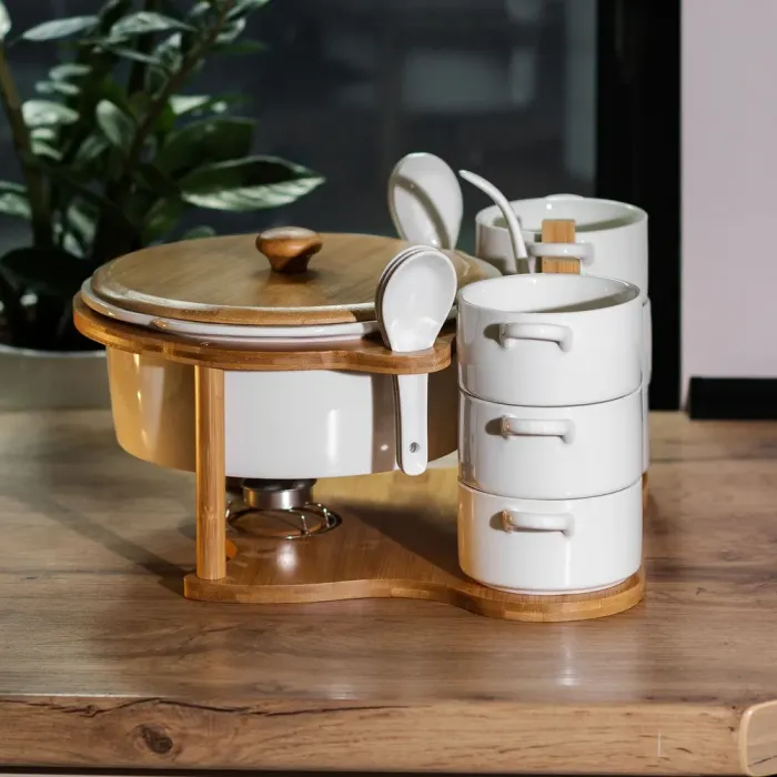 Суповий сервіз супниця 1.8 л піали бульйонниці по 250 мл 6 штук з ложками на дерев'яній підставці (HP1223) - зображення 1