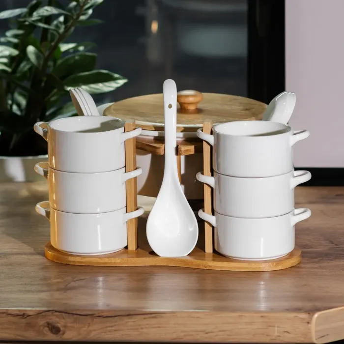 Суповий сервіз супниця 1.8 л піали бульйонниці по 250 мл 6 штук з ложками на дерев'яній підставці (HP1223) - зображення 2