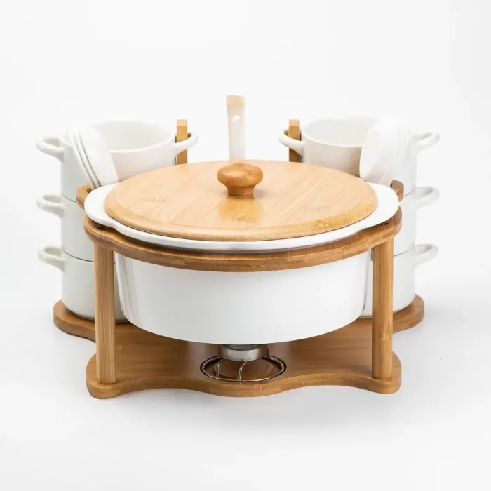 Суповий сервіз супниця 1.8 л піали бульйонниці по 250 мл 6 штук з ложками на дерев'яній підставці (HP1223) - зображення 4