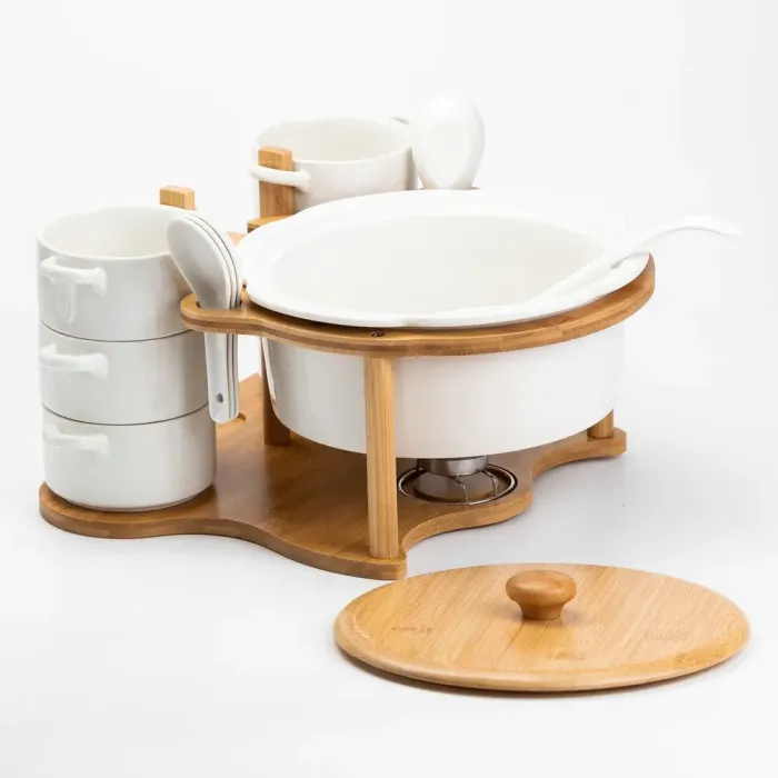 Суповий сервіз супниця 1.8 л піали бульйонниці по 250 мл 6 штук з ложками на дерев'яній підставці (HP1223) - зображення 5