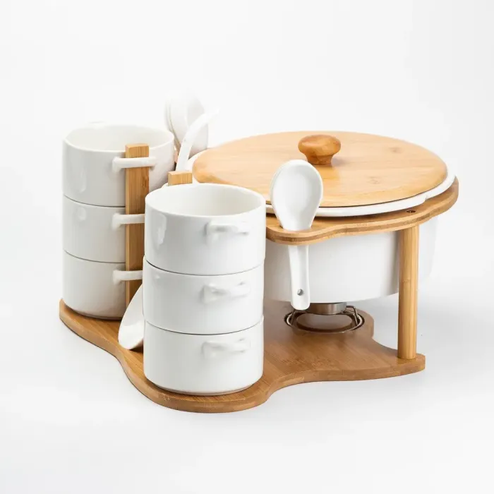 Суповий сервіз супниця 1.8 л піали бульйонниці по 250 мл 6 штук з ложками на дерев'яній підставці (HP1223) - зображення 7