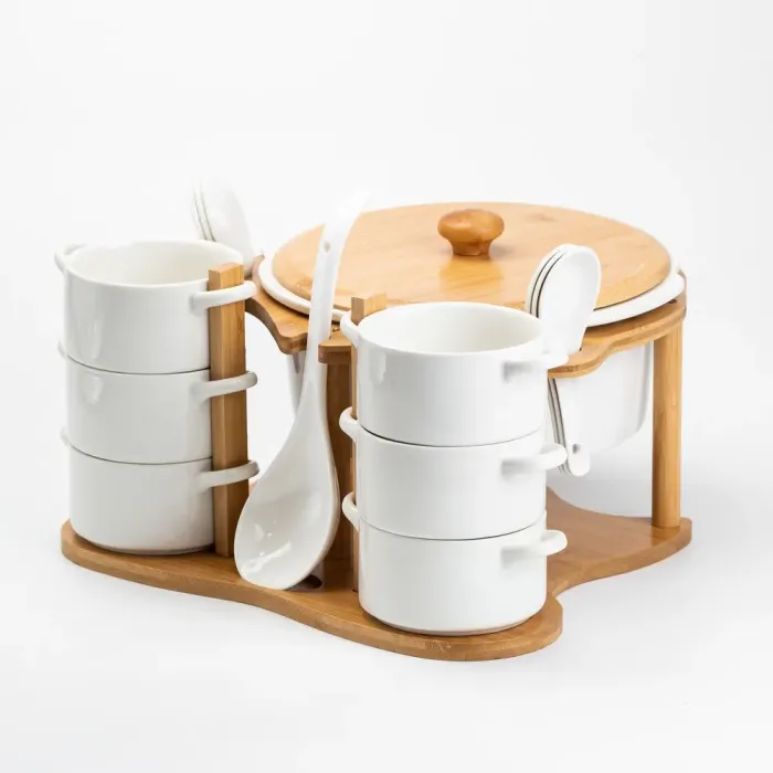 Суповий сервіз супниця 1.8 л піали бульйонниці по 250 мл 6 штук з ложками на дерев'яній підставці (HP1223) - зображення 8