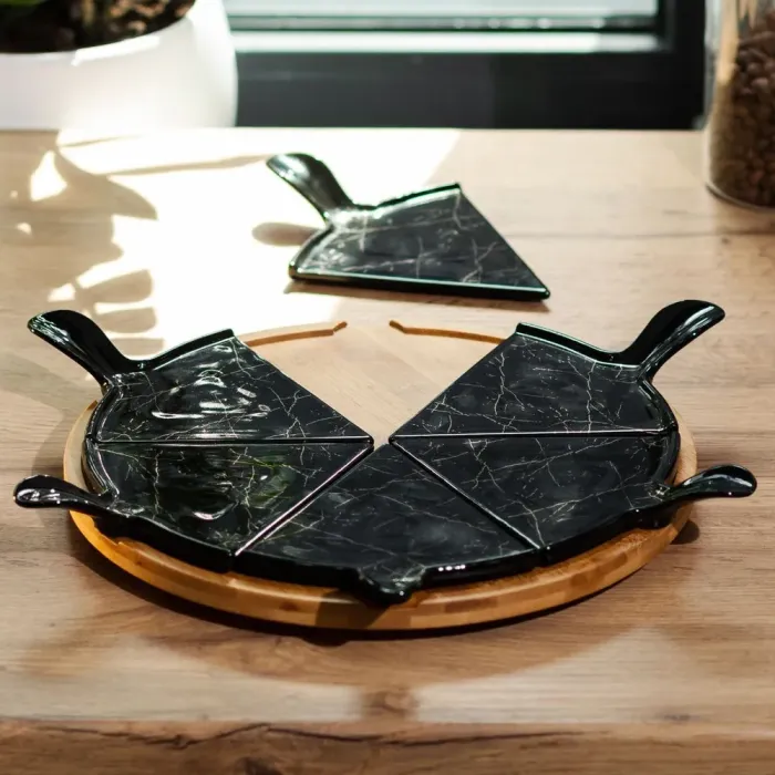 Тарелка для пиццы 28(см) керамическая на бамбуковой подставке секционная (HP1213) - изображение 1