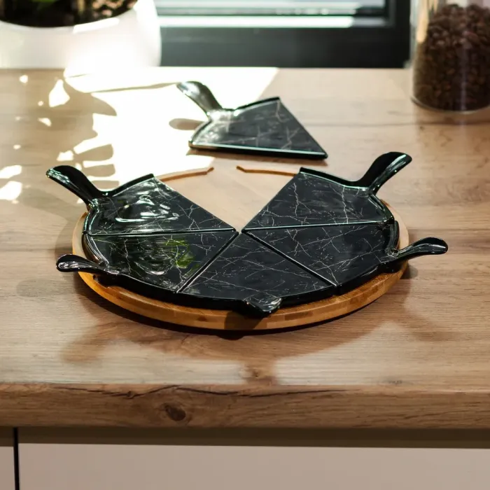 Тарелка для пиццы 28(см) керамическая на бамбуковой подставке секционная (HP1247) - изображение 2