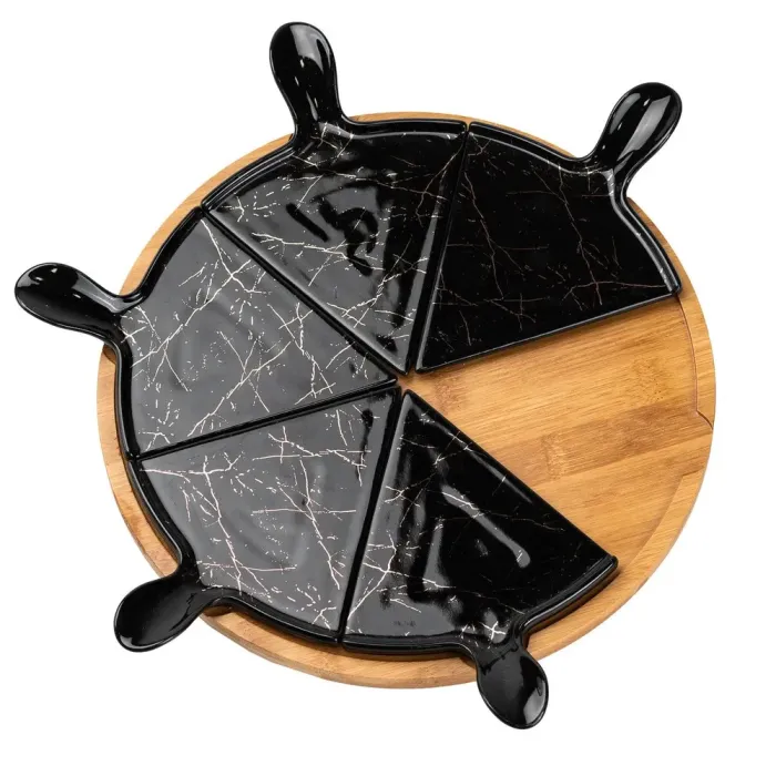 Тарелка для пиццы 28(см) керамическая на бамбуковой подставке секционная (HP1247) - изображение 4