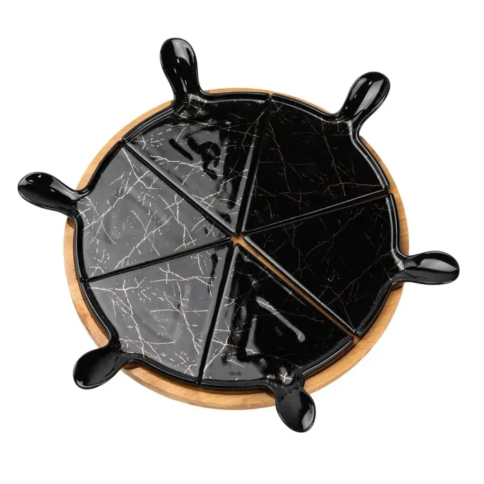 Тарелка для пиццы 28(см) керамическая на бамбуковой подставке секционная (HP1247) - изображение 5