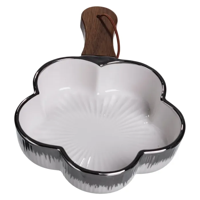 Тарілка порцелянова глибока з ручкою Квітка 24×16×4 (см) блюдо сервірувальне з ручкою для подачі тарілка сковорода Срібло ZJH-13-3 (ZJH-13-3) - зображення 5