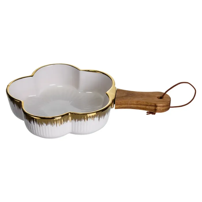 Тарілка порцелянова глибока з ручкою Квітка 24×16×4 (см) блюдо сервірувальне з ручкою для подачі тарілка сковорода Золото ZJH-13-1 (ZJH-13-1) - зображення 1