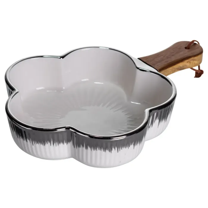 Тарілка порцелянова глибока з ручкою Квітка 27×20×5 (см) блюдо сервірувальне з ручкою для подачі тарілка сковорода Срібло ZJH-13-4 (ZJH-13-4) - зображення 1