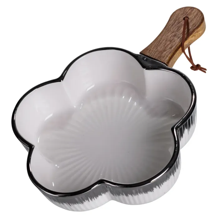 Тарілка порцелянова глибока з ручкою Квітка 27×20×5 (см) блюдо сервірувальне з ручкою для подачі тарілка сковорода Срібло ZJH-13-4 (ZJH-13-4) - зображення 2