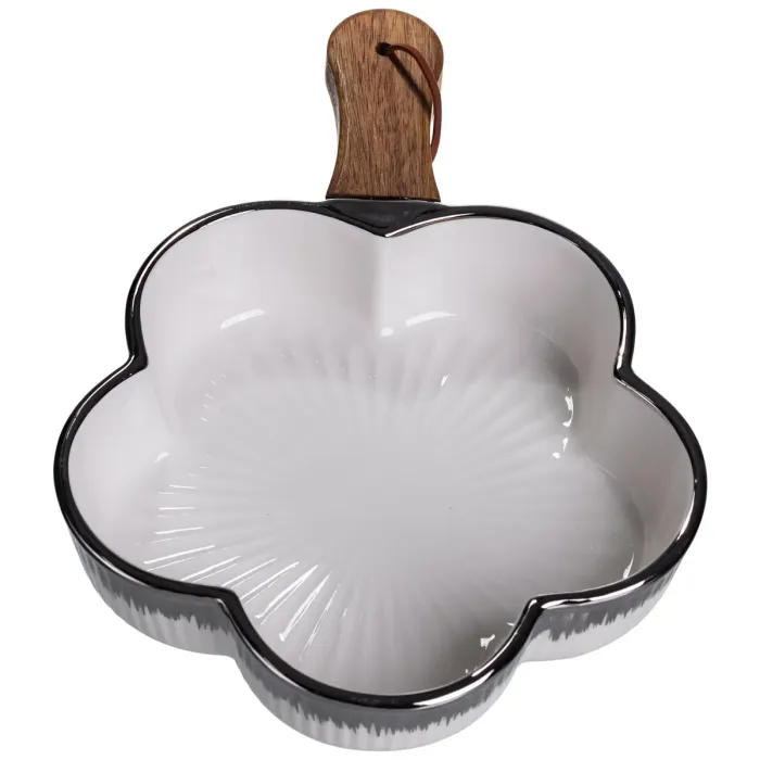 Тарілка порцелянова глибока з ручкою Квітка 27×20×5 (см) блюдо сервірувальне з ручкою для подачі тарілка сковорода Срібло ZJH-13-4 (ZJH-13-4) - зображення 3