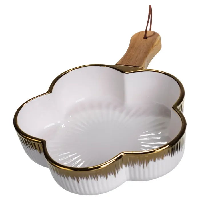 Тарілка порцелянова глибока з ручкою Квітка 27×20×5 (см) блюдо сервірувальне з ручкою для подачі тарілка сковорода Золото ZJH-13-2 (ZJH-13-2) - зображення 2